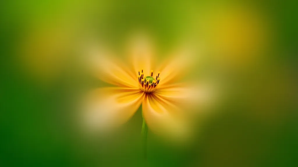 Makro fotografie květu se zaostřením na střed a rozostřeným pozadím, detail prachů