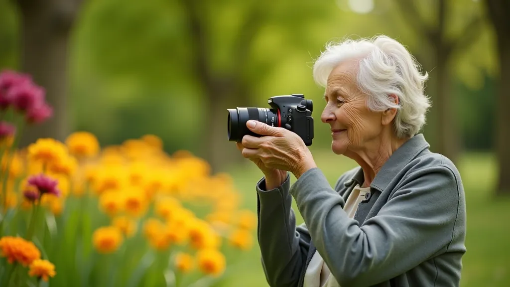Seniorka fotí květiny v zahradě přenosným fotoaparátem, krásné květy