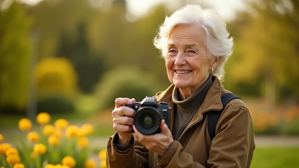 Seniorka s fotoaparátem v rukou fotografuje v přírodě mezi květinami a stromy